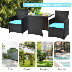 KOTEK 3 Piece Outdoor Dining Set, PE Rattan Dining Table & Chairs Set with Tempered Glass Top & Cushions, Wicker Conversation Set, Patio Bistro Set for Backyard Garden Porch (Turquoise)