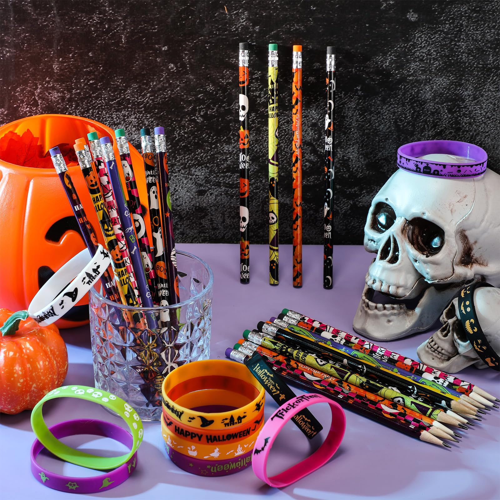 48 Pcs Halloween Pencils Halloween Rubber Bracelets Set Halloween Party Favors for Kids Ghost Pumpkin Skeleton Bat Spider Pencils Silicone Wristbands Trick or Treat Gifts Classroom Gifts for Students