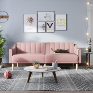 lonkwa velvet futon sofa bed couch, convertible sleeper sofa, 74" loveseat futon couch with adjustable backrests, pink couches for living room bedroom apartment