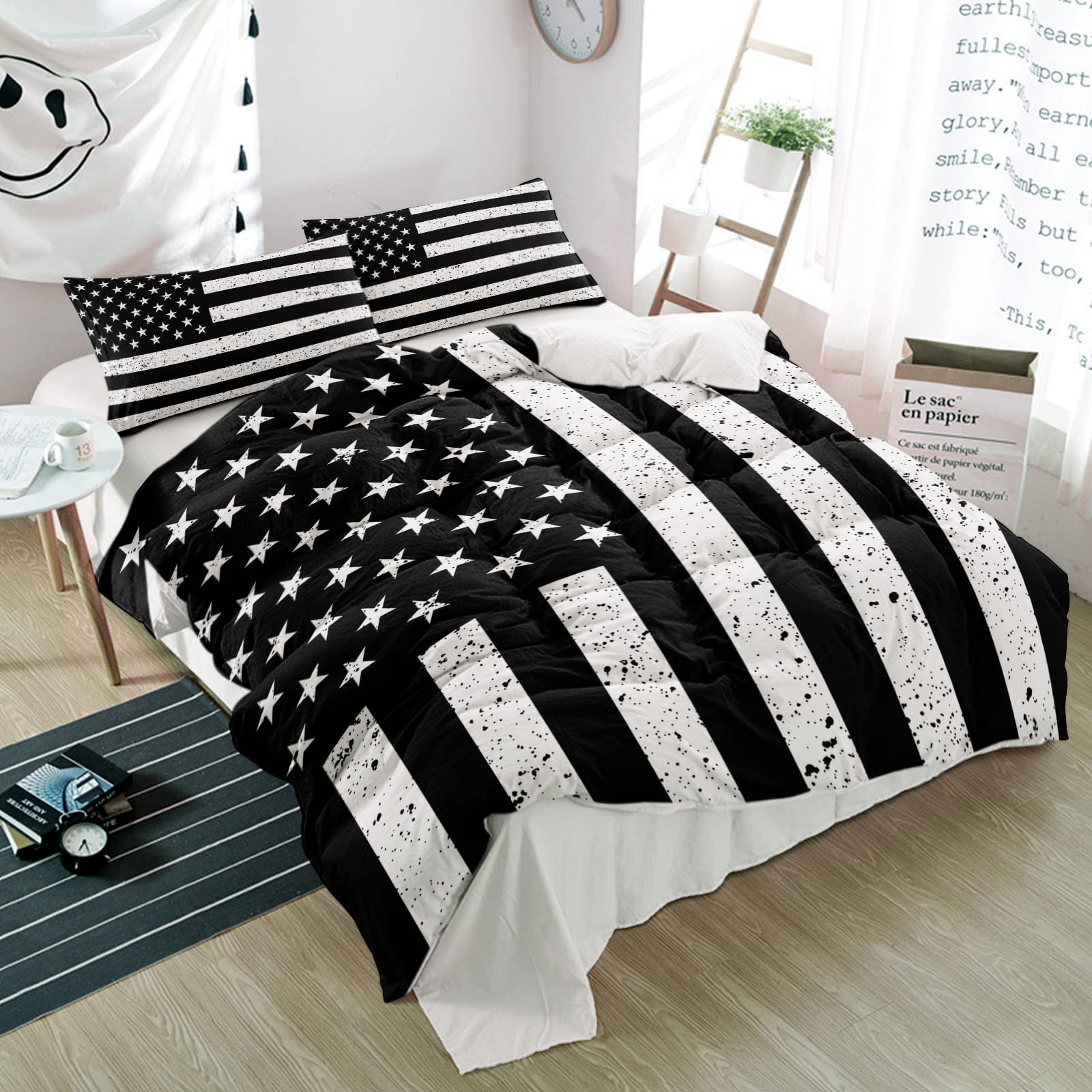 Duvet Cover Sets Black White USA Flag Star and Stripe,3 Pieces Bedding Set Ultra Soft Microfiber Quilt Covers and Pillowcase for Bedroom,Independence Day 4th of July Bed Set All Seasons Use