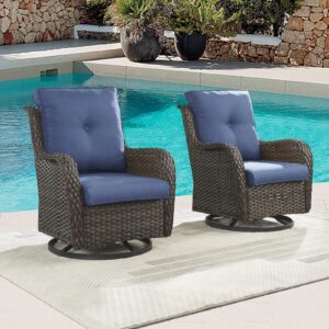 Patio Chairs Rocking Swivel Chair - 2 Piece Wicker Rocker Chairs Set with High Back and Deep Seating for Outdoor Outside Deck Porch Garden(Brown Wicker/Blue Cushion)