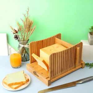 OMDS Luxury Bamboo Bread Slicer with Knife - 3 Slice Thickness, Foldable Compact Cutting Guide with Crumb Tray, Stainless Steel Bread Knife for Homemade Bread, Cake