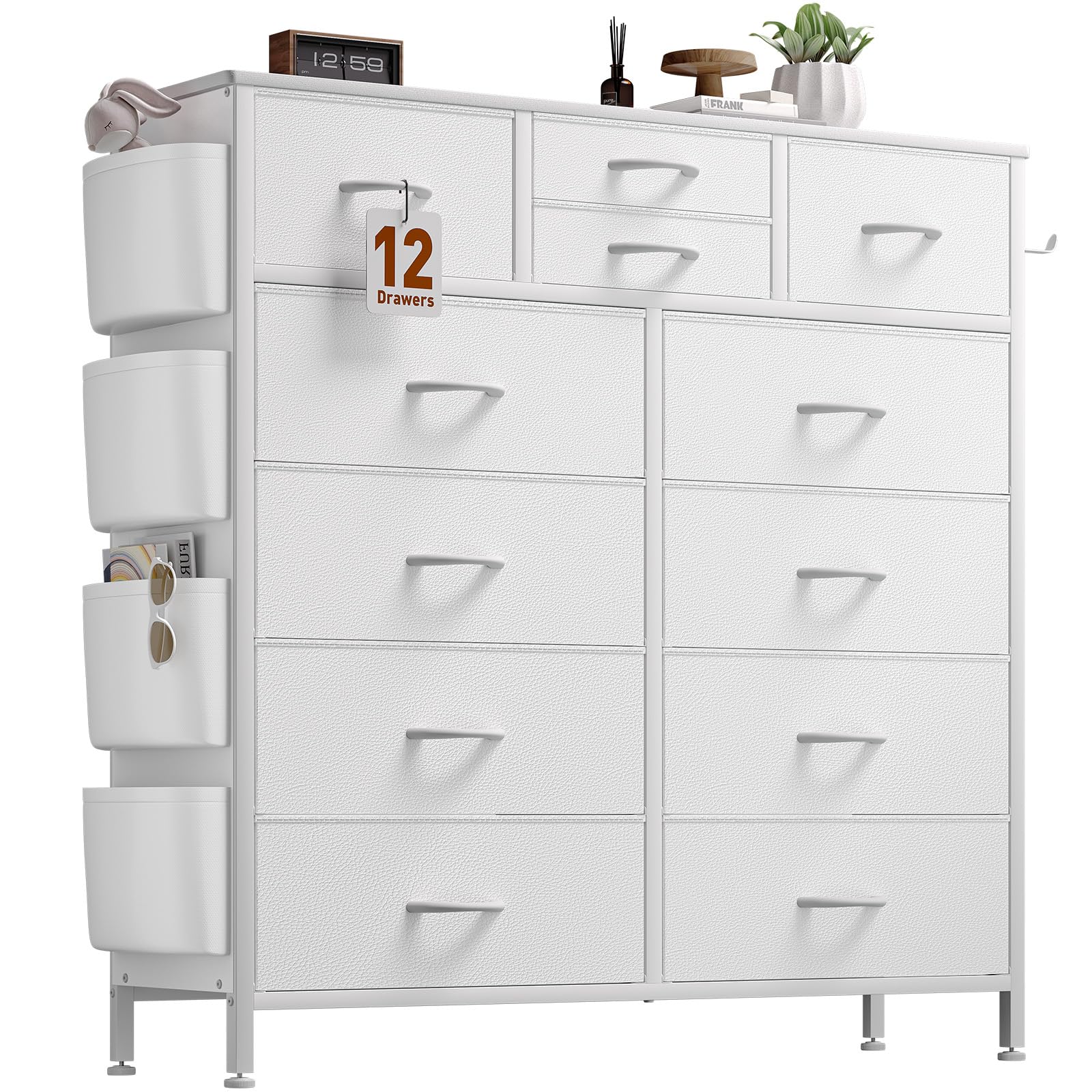 YaFiti Dresser for Bedroom with 12 Drawers, Chest of Drawers with Side Pockets and Hooks, PU Fabric Dresser Drawers for Living Room, Hallway, Entryway (White)