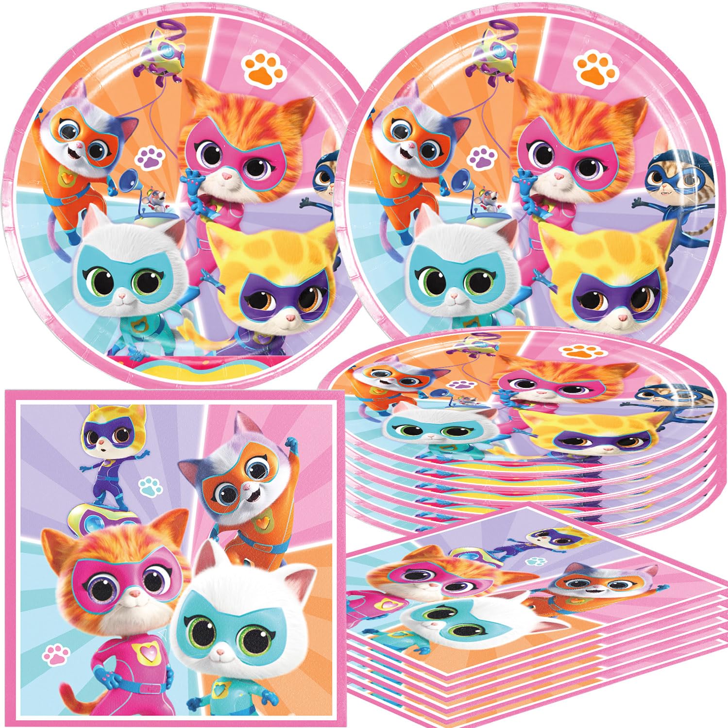 Super Kitties Party Supplies 40Pack include 20 plates, 20 napkins for the Super Kitties Birthday party Decoration