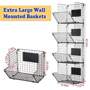 X-cosrack Metal Wire Basket Wall Mount, 4 Tier Extra Large Wall Storage Basket Organizer with Chalkboards, Kitchen Fruits and Vegetables Produce Bin Rack Toys Organizer Bathroom Tower Baskets (Black)