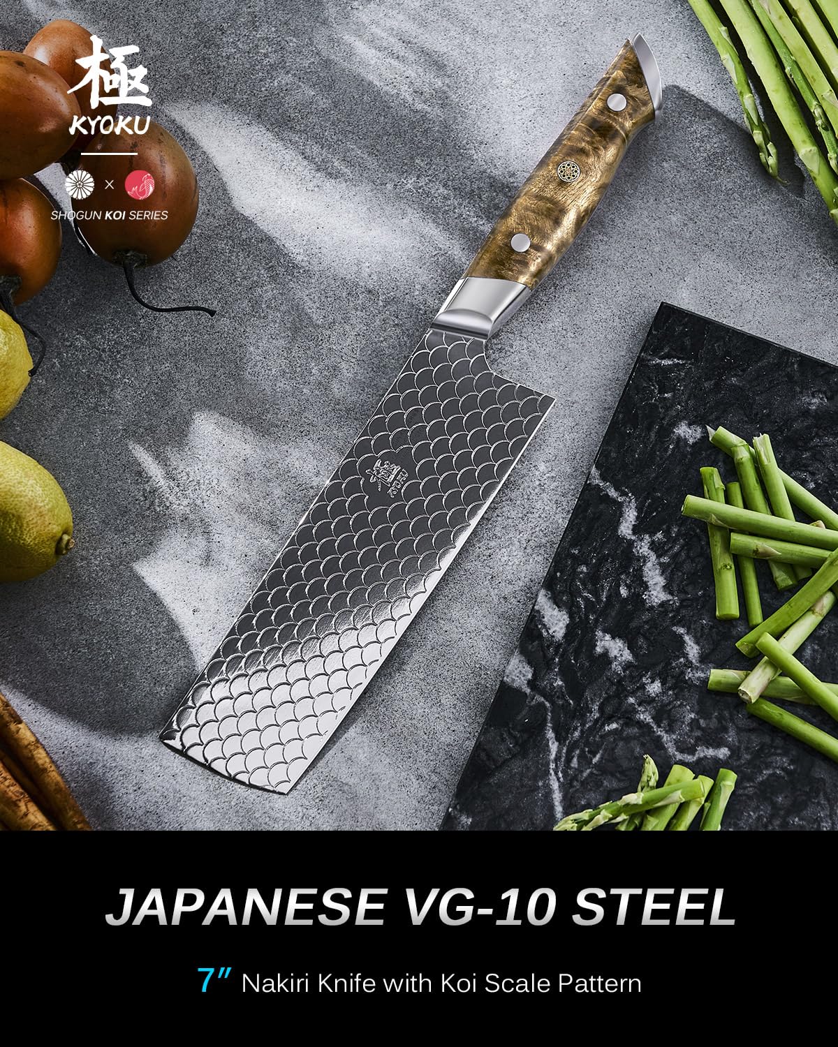 KYOKU 7" Nakiri Knife, Shogun Koi Series Vegetable Knife with Koi Scale Pattern, Japanese VG10 Stainless Steel Kitchen Knife with Sheath & Gift Box, Full Tang Professional Knife