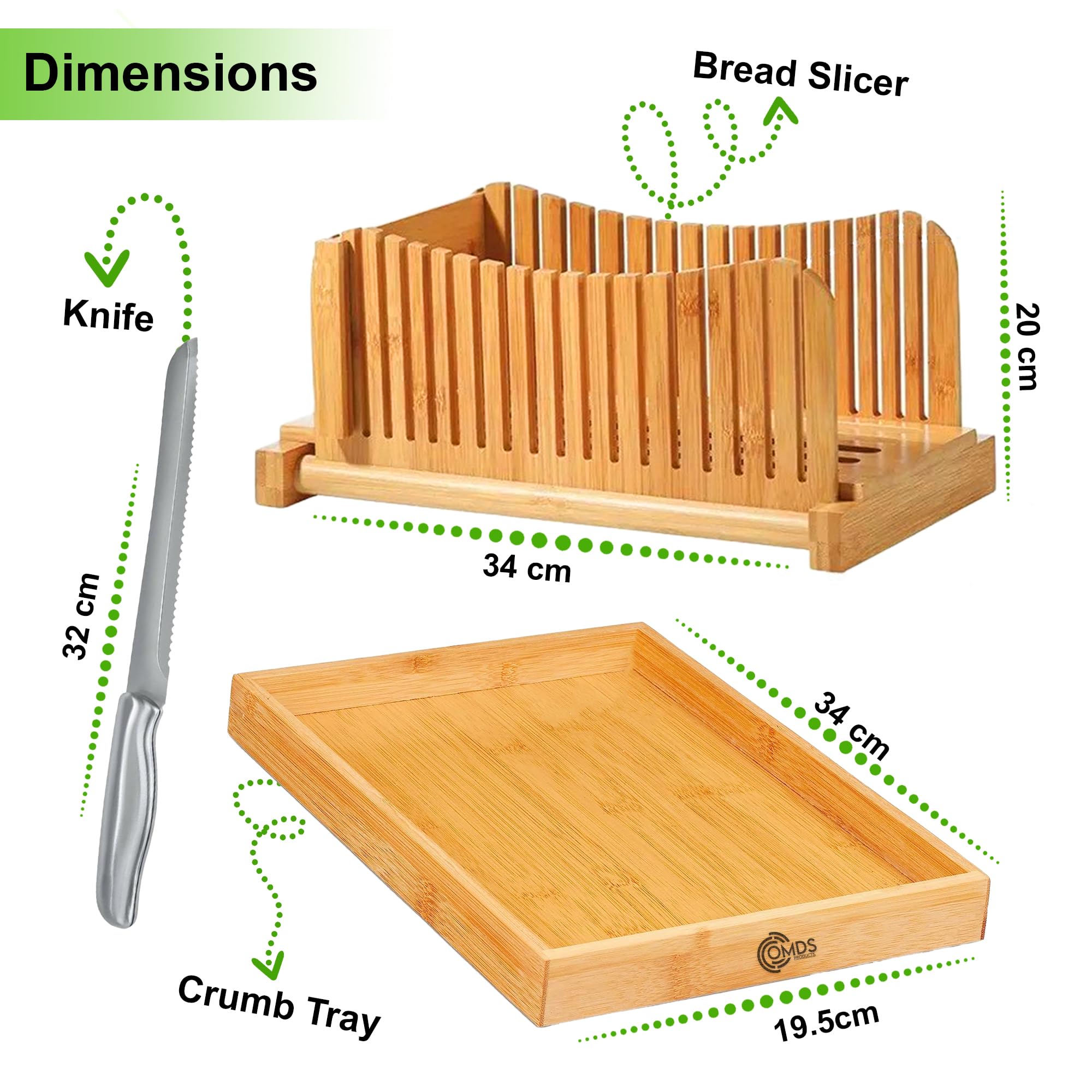 OMDS Luxury Bamboo Bread Slicer with Knife - 3 Slice Thickness, Foldable Compact Cutting Guide with Crumb Tray, Stainless Steel Bread Knife for Homemade Bread, Cake