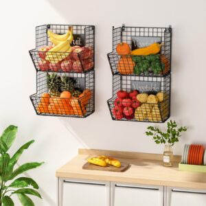 X-cosrack Metal Wire Basket Wall Mount, 4 Tier Extra Large Wall Storage Basket Organizer with Chalkboards, Kitchen Fruits and Vegetables Produce Bin Rack Toys Organizer Bathroom Tower Baskets (Black)