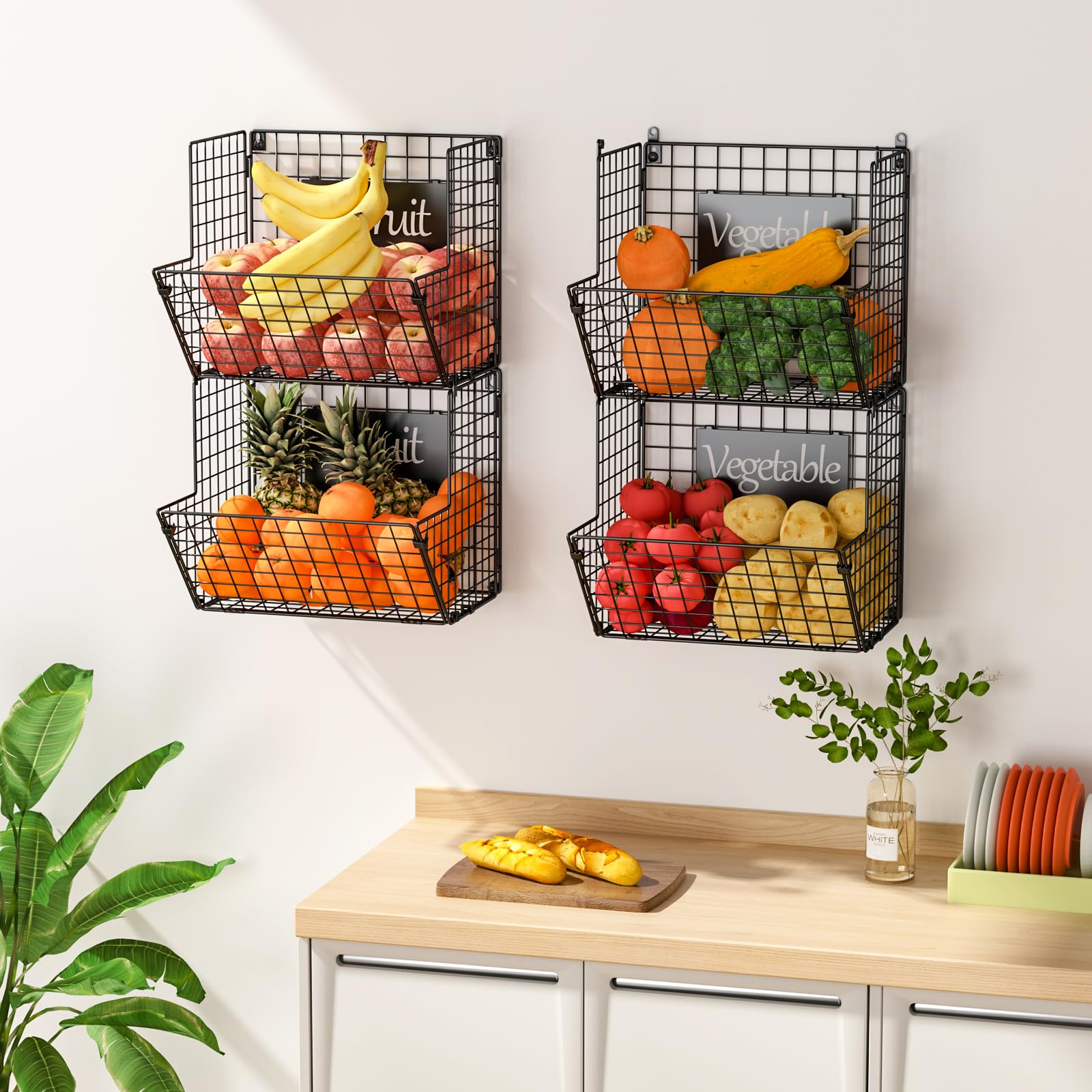 X-cosrack Metal Wire Basket Wall Mount, 4 Tier Extra Large Wall Storage Basket Organizer with Chalkboards, Kitchen Fruits and Vegetables Produce Bin Rack Toys Organizer Bathroom Tower Baskets (Black)