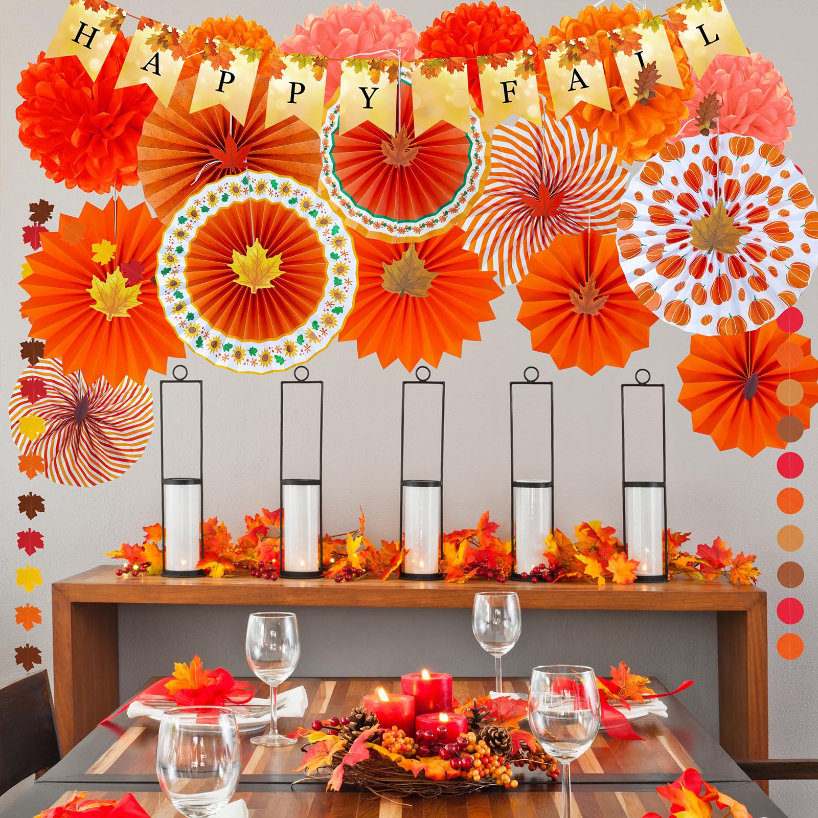 Winlyn 21 Pack Bulk Fall Party Decorations Set Auntumn Orange Hanging Paper Fans Happy Fall Banner Pom Poms Fall Maple Leaves Garlands for Thanksgiving Wedding Birthday Festival Party Backdrop Décor