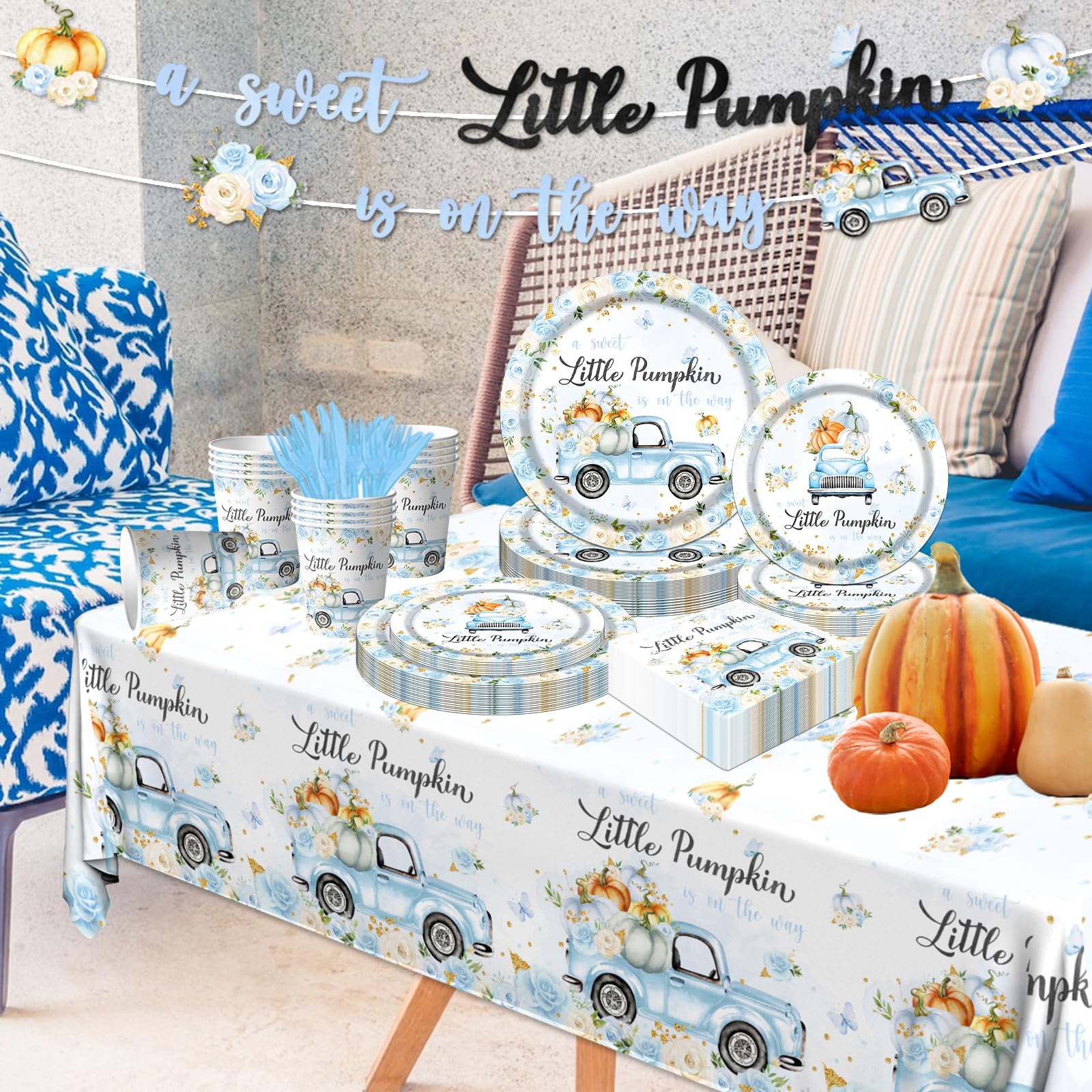 Little Pumpkin Baby Shower Decorations Tableware,142Pcs A Sweet Little Pumpkin is On The Way Boy Blue Floral Truck Disposable Tablecloth,Plates,Napkins for Autumn Fall Thanksgiving Party Supplies