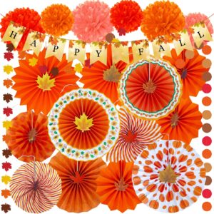 winlyn 21 pack bulk fall party decorations set auntumn orange hanging paper fans happy fall banner pom poms fall maple leaves garlands for thanksgiving wedding birthday festival party backdrop décor