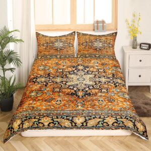 ethnic pattern duvet cover queen, orange boho bedding set, southwest farmhouse bohemian floral abstract comforter cover, brown geometric exotic tribal flower quilt cover