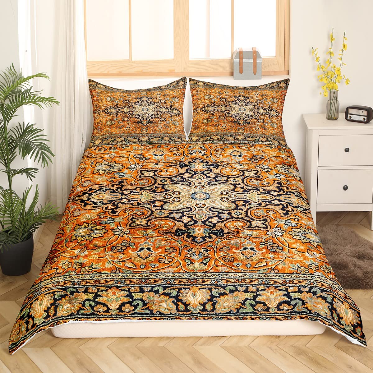 Ethnic Pattern Duvet Cover Queen, Orange Boho Bedding Set, Southwest Farmhouse Bohemian Floral Abstract Comforter Cover, Brown Geometric Exotic Tribal Flower Quilt Cover