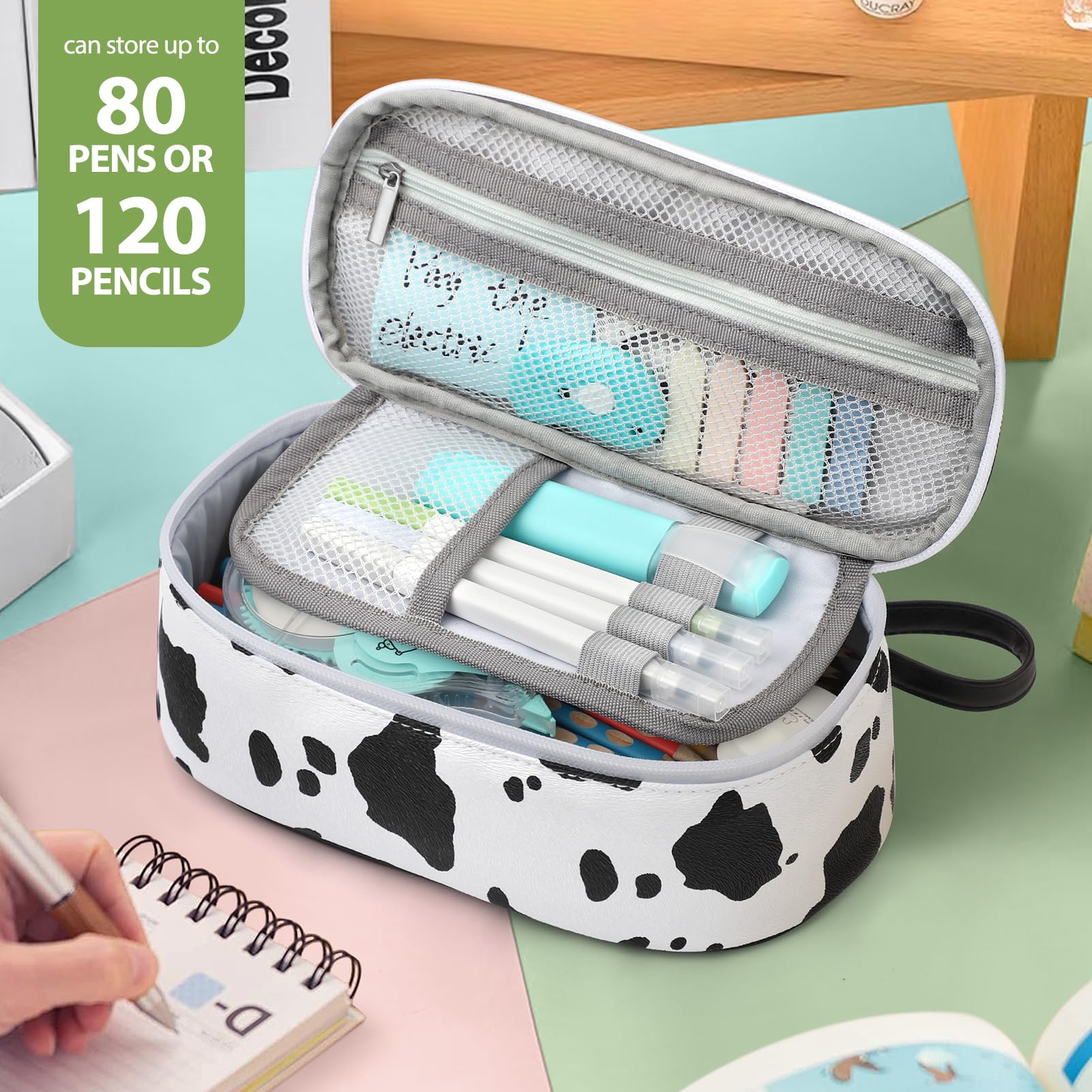 Jcocylse Large Capacity Pencil Case Portable Pencil Pouch Bag School Supplies for College Students Girls Boys Adults (Cow)