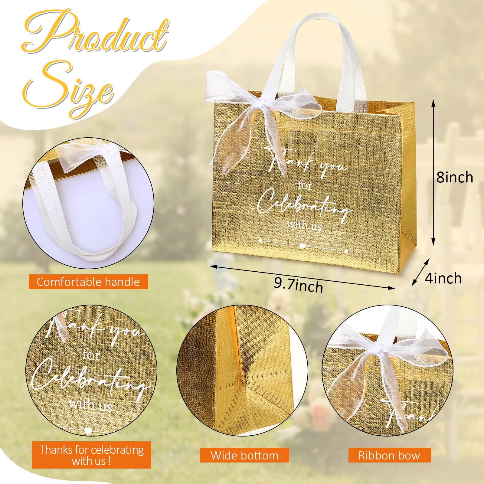 CHENGU 50 Pcs Thank You Gift Bags Thank You for Celebrating with Us Wedding Gift Bag Welcome Bag Birthday Glossy Tote Ribbon Reusable Bag for Hotel Guest Bachelorette Party Bridal Shower(Gold)