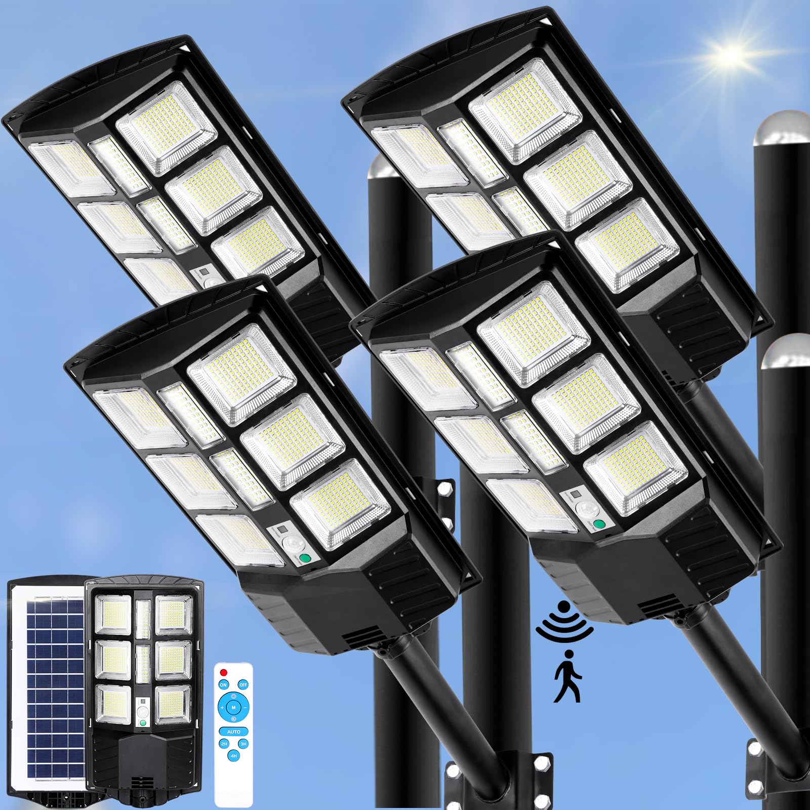 ZJOJO 2800W Solar Street Lights Outdoor Waterproof, 30000LM 728 LEDs Solar Lights Outdoor Dusk to Dawn, 6500K Commercial Parking Lot Light Solar Powered Flood Lights with Motion Sensor for Yard, 4Pack