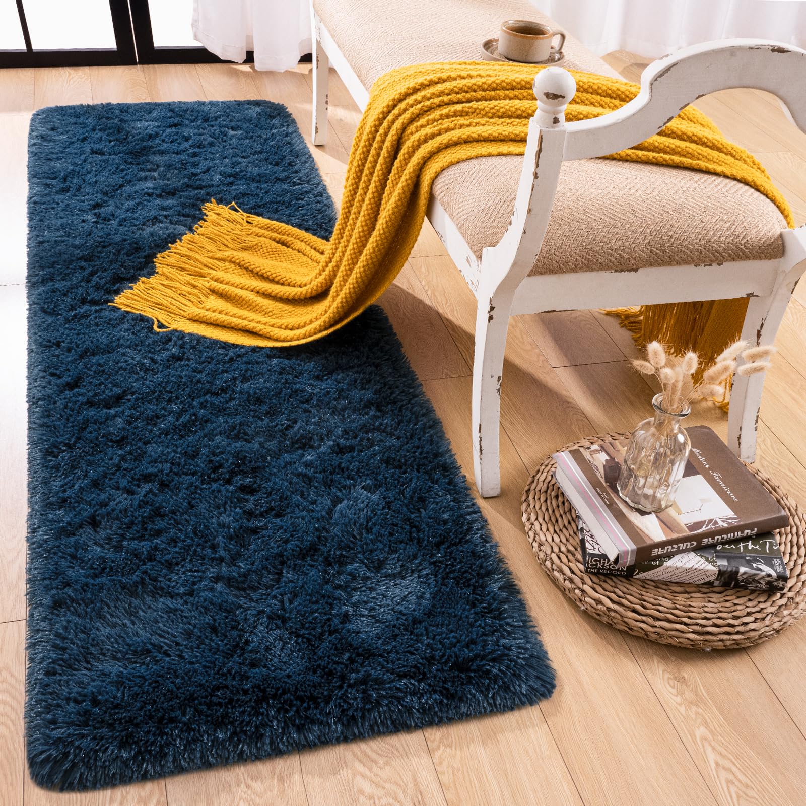 Rtizon Soft Shag Runner Rug for Bedroom, 2x6 Feet Fluffy Rugs with Non-Slip Bottom for Hallway Bedside Living Room Dorm, Furry Area Rug for Indoor Home Decor, Navy Blue