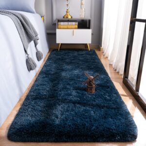 Rtizon Soft Shag Runner Rug for Bedroom, 2x6 Feet Fluffy Rugs with Non-Slip Bottom for Hallway Bedside Living Room Dorm, Furry Area Rug for Indoor Home Decor, Navy Blue