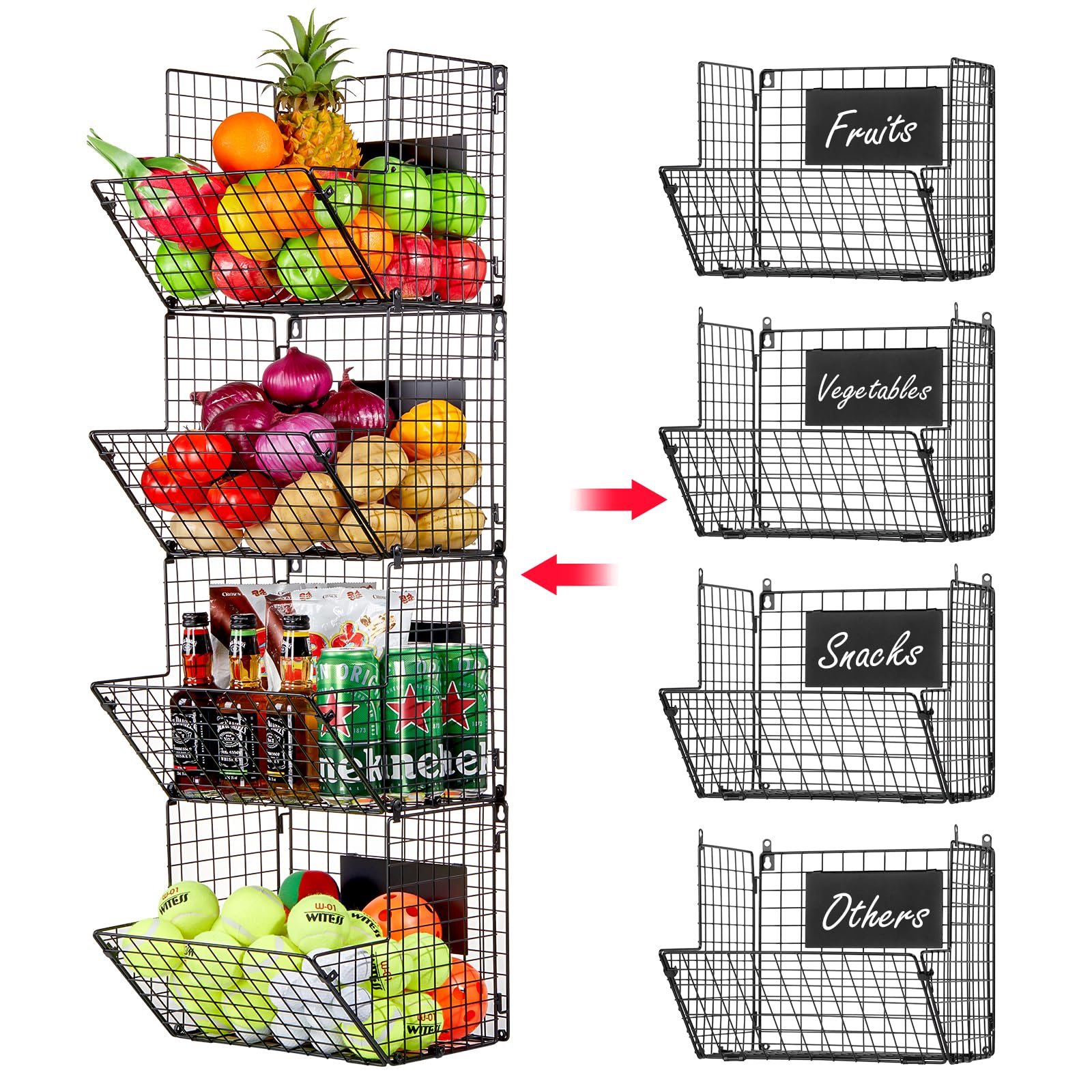 X-cosrack Metal Wire Basket Wall Mount, 4 Tier Extra Large Wall Storage Basket Organizer with Chalkboards, Kitchen Fruits and Vegetables Produce Bin Rack Toys Organizer Bathroom Tower Baskets (Black)