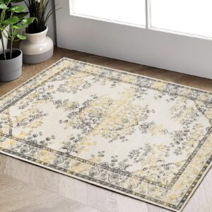 carvapet boho floral small area rug - 2x3 entry rug non-slip bohemian vintage washable indoor door mat, throw rug for the bedroom, entryway, or bathroom(2x3,yellow & grey)