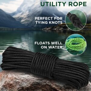 TECEUM Rope – 1/4” & 3/8” – 90 FT | 150 FT – Strong All-Purpose Utility Rope – Camping, Crafting, Flag Pole, Indoor & Outdoor – Polypropylene Nylon Poly Lightweight Diamond Braided Cord – Black