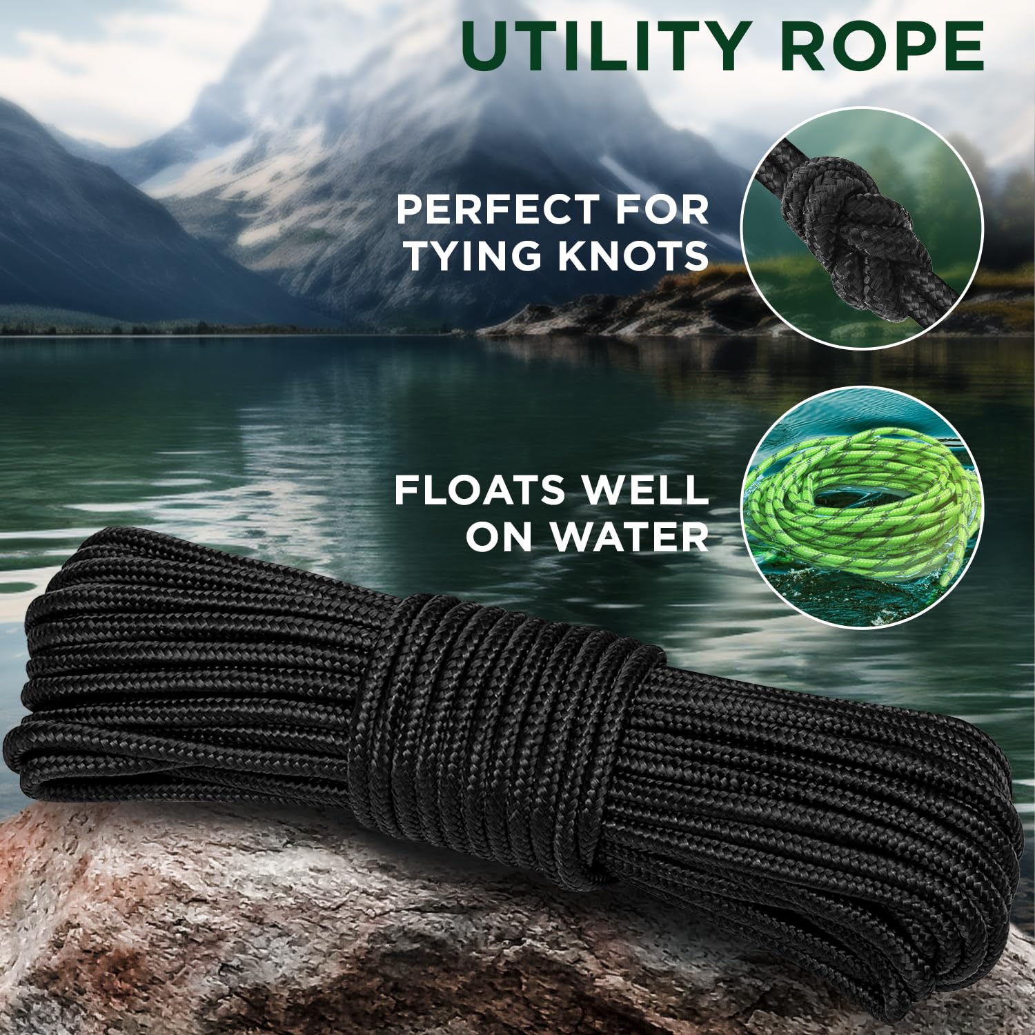 TECEUM Rope – 1/4” & 3/8” – 90 FT | 150 FT – Strong All-Purpose Utility Rope – Camping, Crafting, Flag Pole, Indoor & Outdoor – Polypropylene Nylon Poly Lightweight Diamond Braided Cord – Black