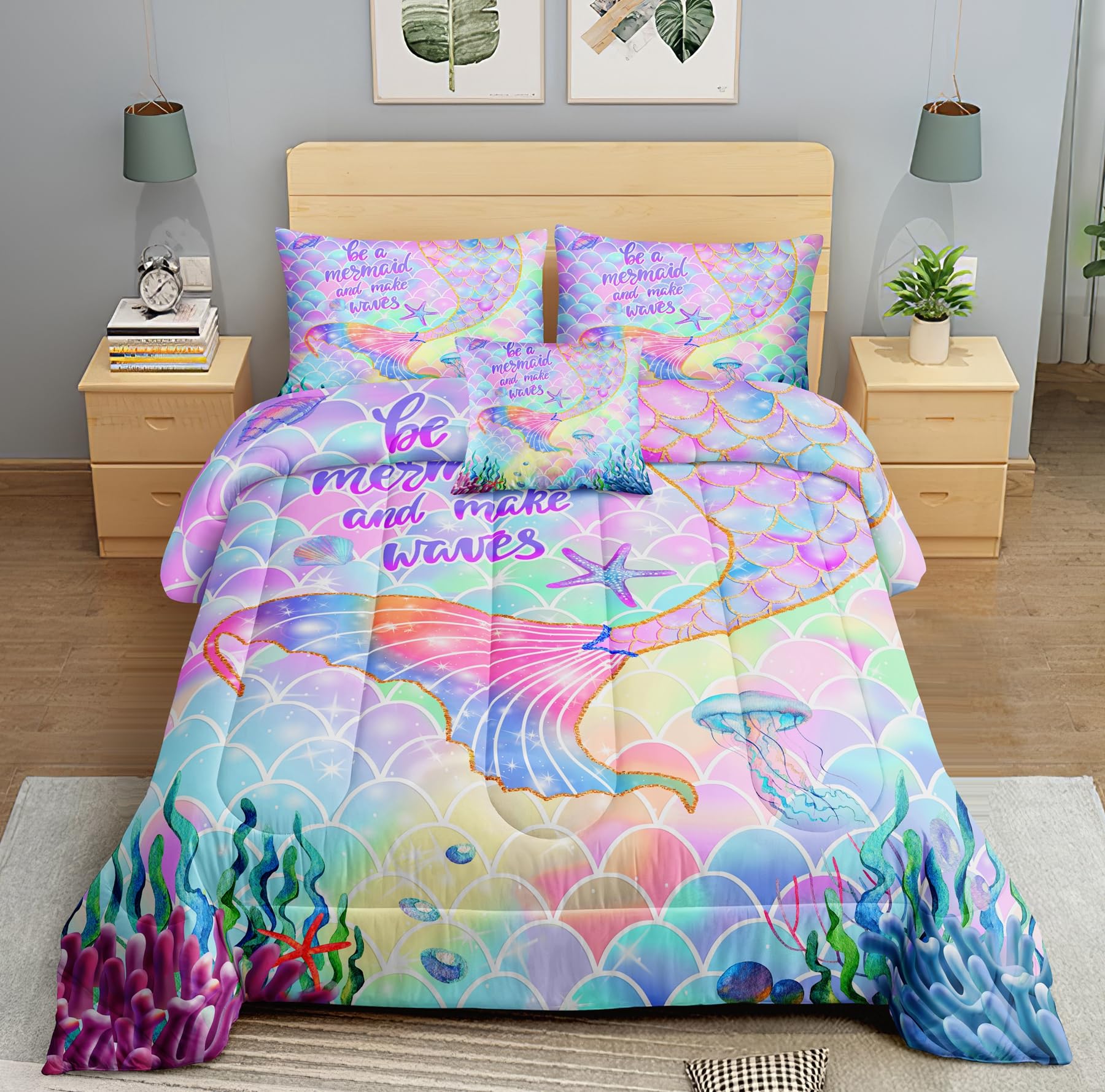 ROWADALO 6 Pieces Mermaid Scale Glitter Comforter Set Fish Scale Shell Starfish Girls Bedding Set,Gradient Rainbow Mermaid Tail Bed in A Bag Queen Size Complete Set for Girls Bedroom,MRY502-Queen