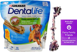 purina dentalife daily oral care chews dental dog treats - large snacks for big pups 40+ lbs (18 count) - plus rope toy and fun animal facts booklet bundle