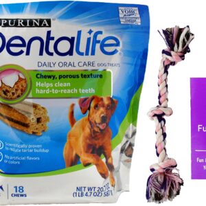 Purina DentaLife Daily Oral Care Chews Dental Dog Treats - Large Snacks for Big Pups 40+ Lbs (18 Count) - Plus Rope Toy and Fun Animal Facts Booklet Bundle