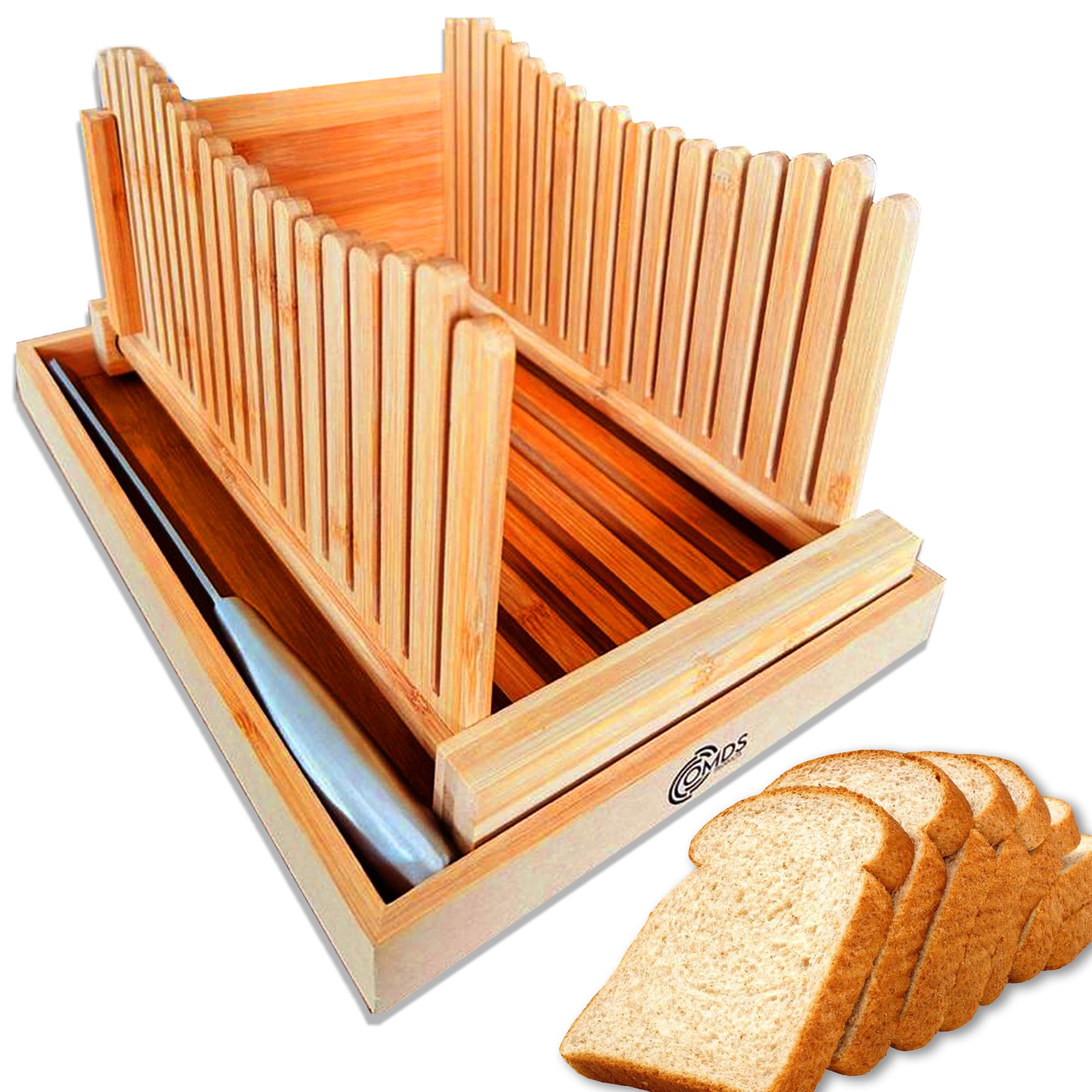 OMDS Luxury Bamboo Bread Slicer with Knife - 3 Slice Thickness, Foldable Compact Cutting Guide with Crumb Tray, Stainless Steel Bread Knife for Homemade Bread, Cake