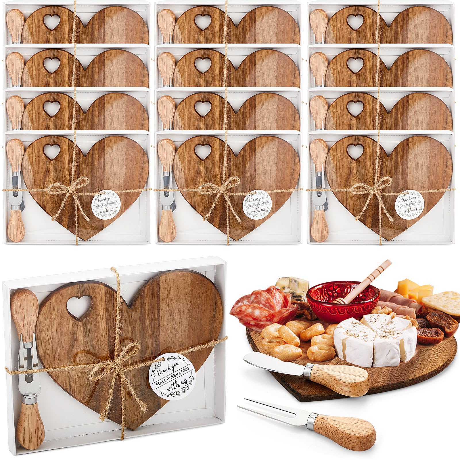 Patelai 12 Set Bridal Shower Favor Heart Cheese Board Cheese Knives Wood Mini Charcuterie Board Thank You Gift Box for Guest Bridal Baby Shower Prize Wedding Birthday Valentines Day (Acacia Color)