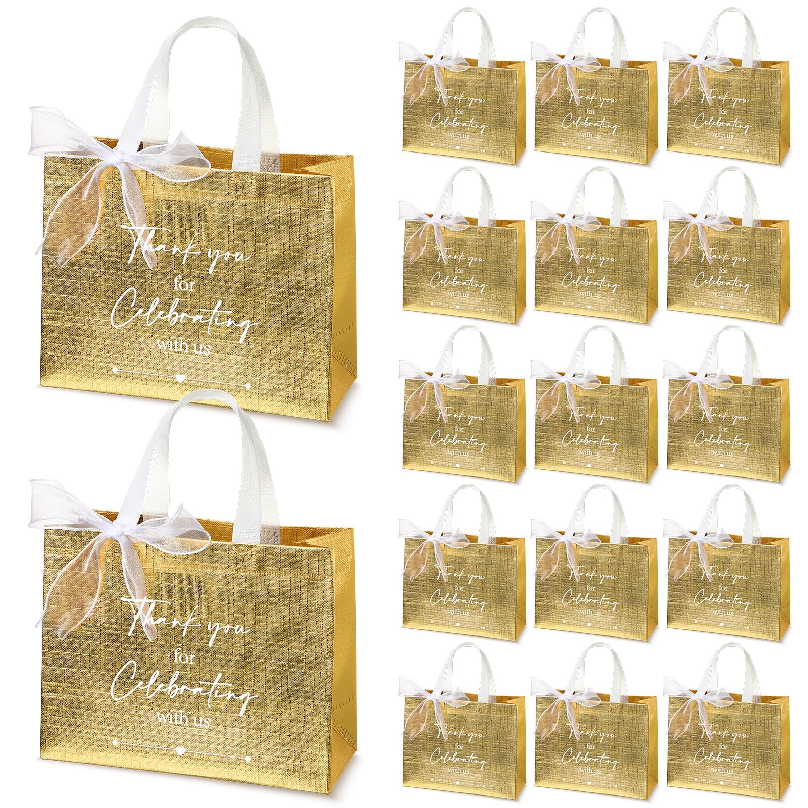 CHENGU 50 Pcs Thank You Gift Bags Thank You for Celebrating with Us Wedding Gift Bag Welcome Bag Birthday Glossy Tote Ribbon Reusable Bag for Hotel Guest Bachelorette Party Bridal Shower(Gold)