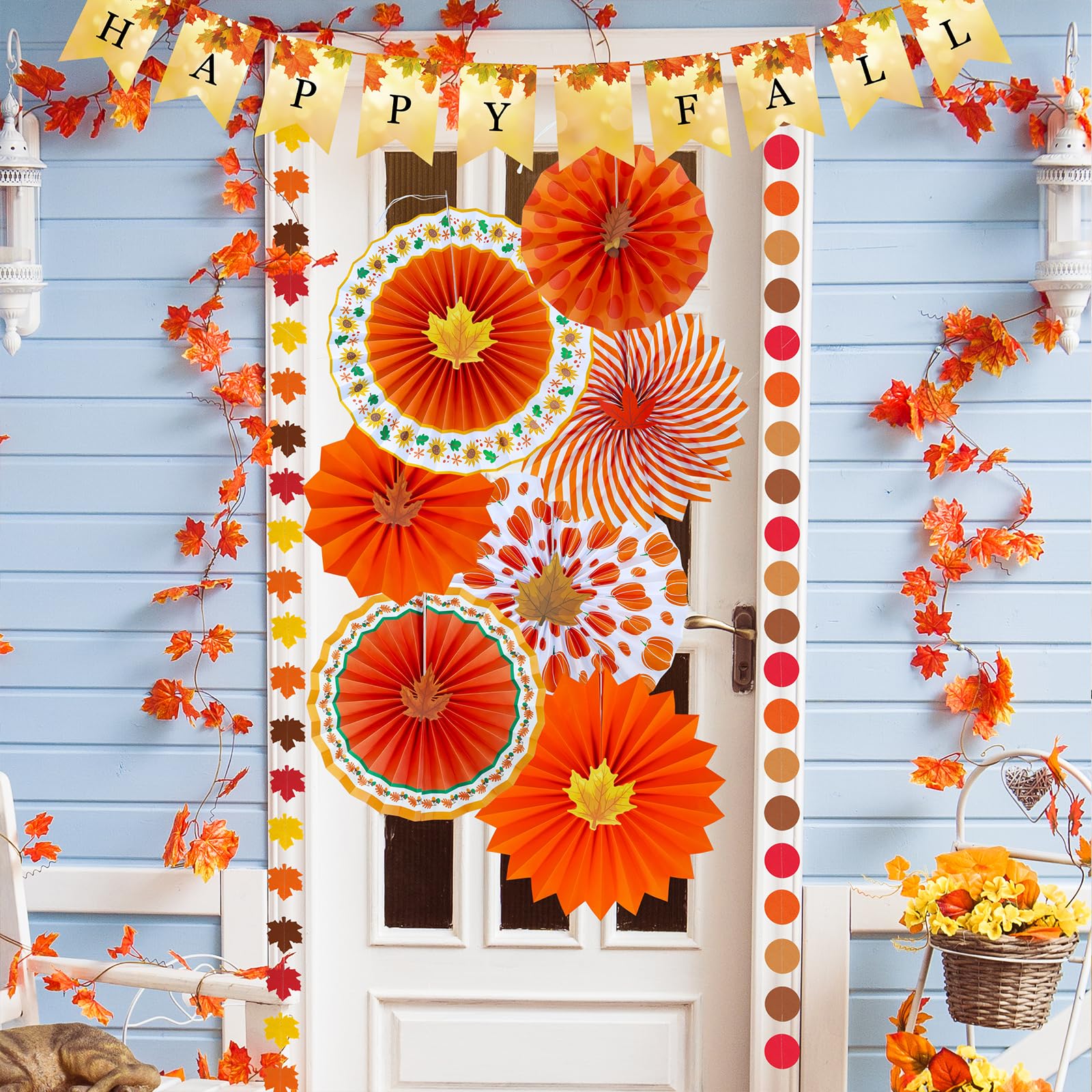 Winlyn 21 Pack Bulk Fall Party Decorations Set Auntumn Orange Hanging Paper Fans Happy Fall Banner Pom Poms Fall Maple Leaves Garlands for Thanksgiving Wedding Birthday Festival Party Backdrop Décor