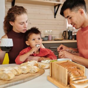 OMDS Luxury Bamboo Bread Slicer with Knife - 3 Slice Thickness, Foldable Compact Cutting Guide with Crumb Tray, Stainless Steel Bread Knife for Homemade Bread, Cake