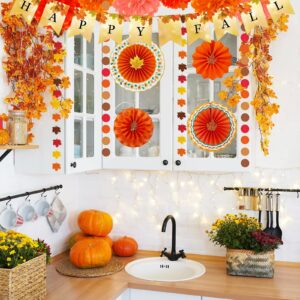 Winlyn 21 Pack Bulk Fall Party Decorations Set Auntumn Orange Hanging Paper Fans Happy Fall Banner Pom Poms Fall Maple Leaves Garlands for Thanksgiving Wedding Birthday Festival Party Backdrop Décor