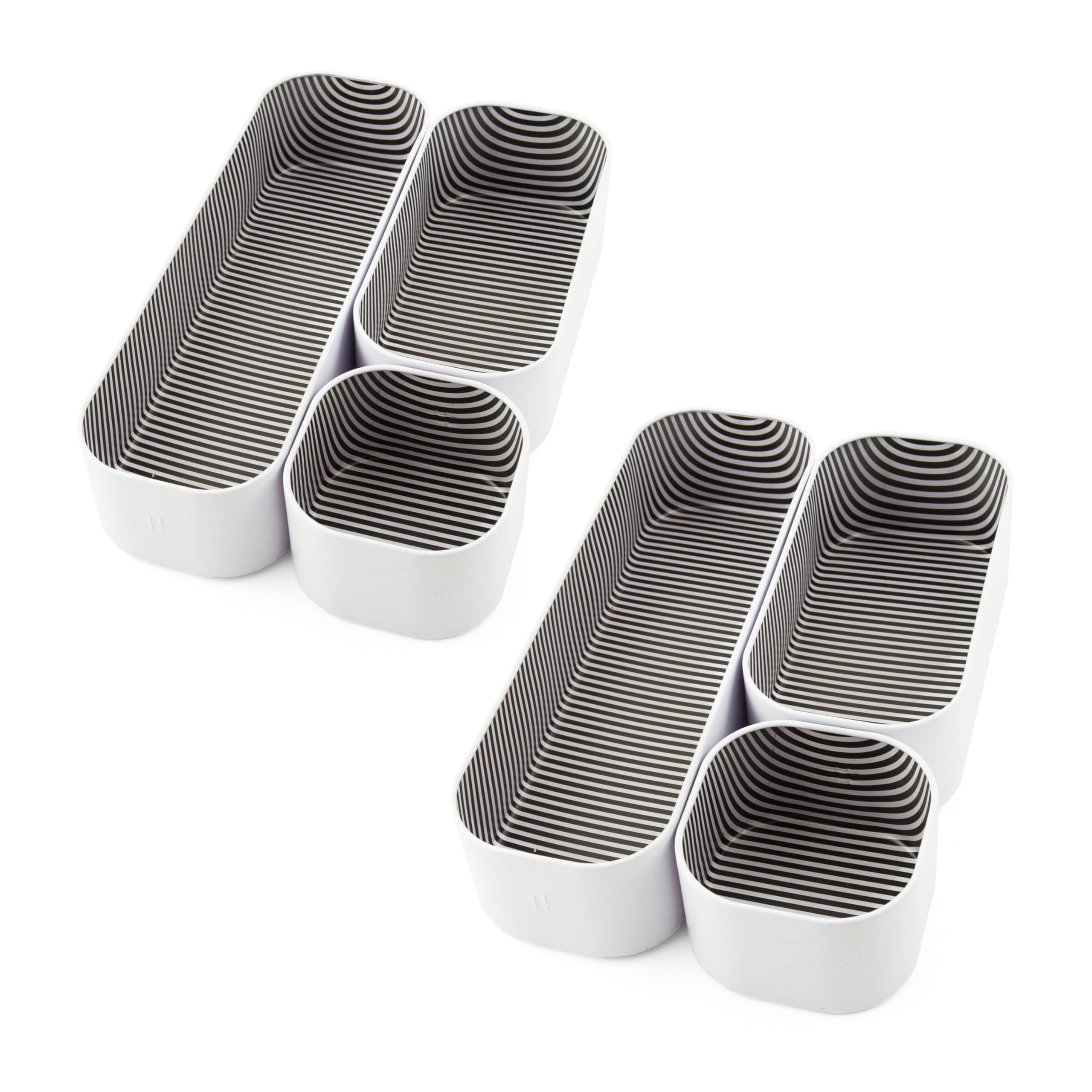 Three by Three Seattle 6 Piece Metal Organizer Tray Set for Storing Makeup, Stationery, Utensils, and More in Office Desk, Kitchen and Bathroom Drawers (2 Inch, Stripes and White)