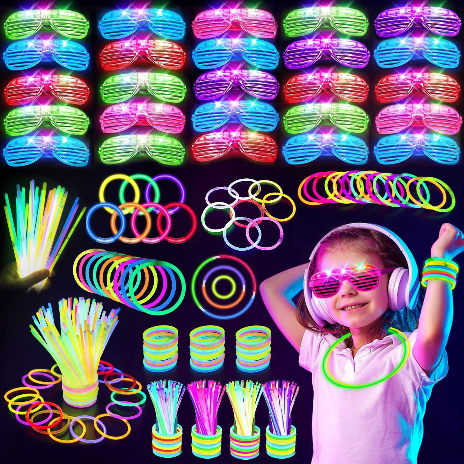 OLUPP 325PCS Glow in the Dark Party Supplies, Glow Sticks Glasses Favors, 300 PCS Glow Sticks and 25 PCS LED Glasses, Neon Party Favors for Glow Party, Wedding, Concert, Raves, Birthday, New Year