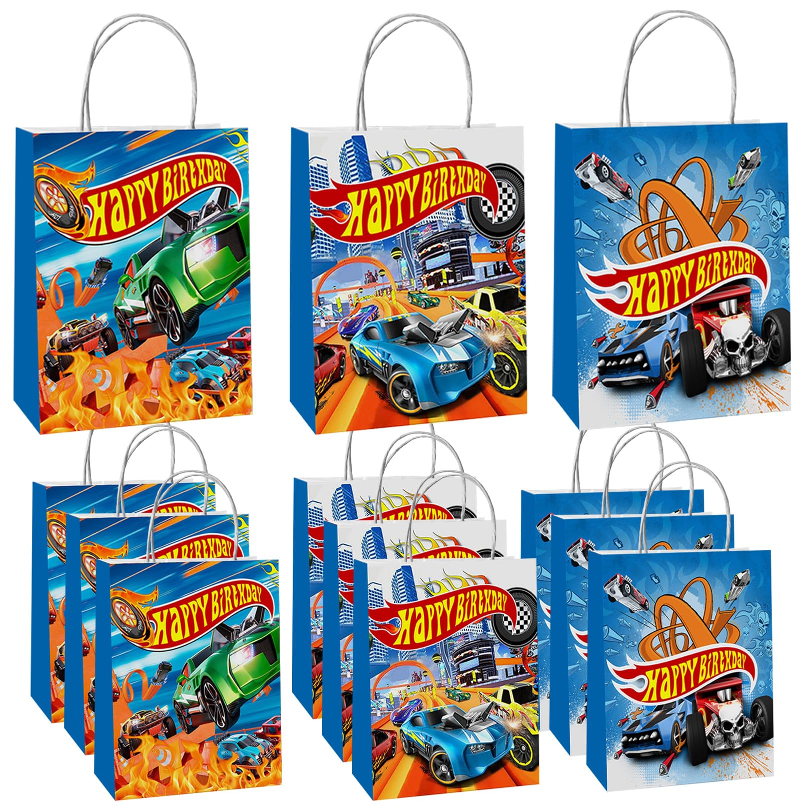 MeriHap 12Pcs Hot Car Happy Birthday Party Decoration Gift Bags Wheels Wild Wheels Race Car Candy Bags for Birthday 3 Styles Party Favors Gift Bags Party Game Party Supplies