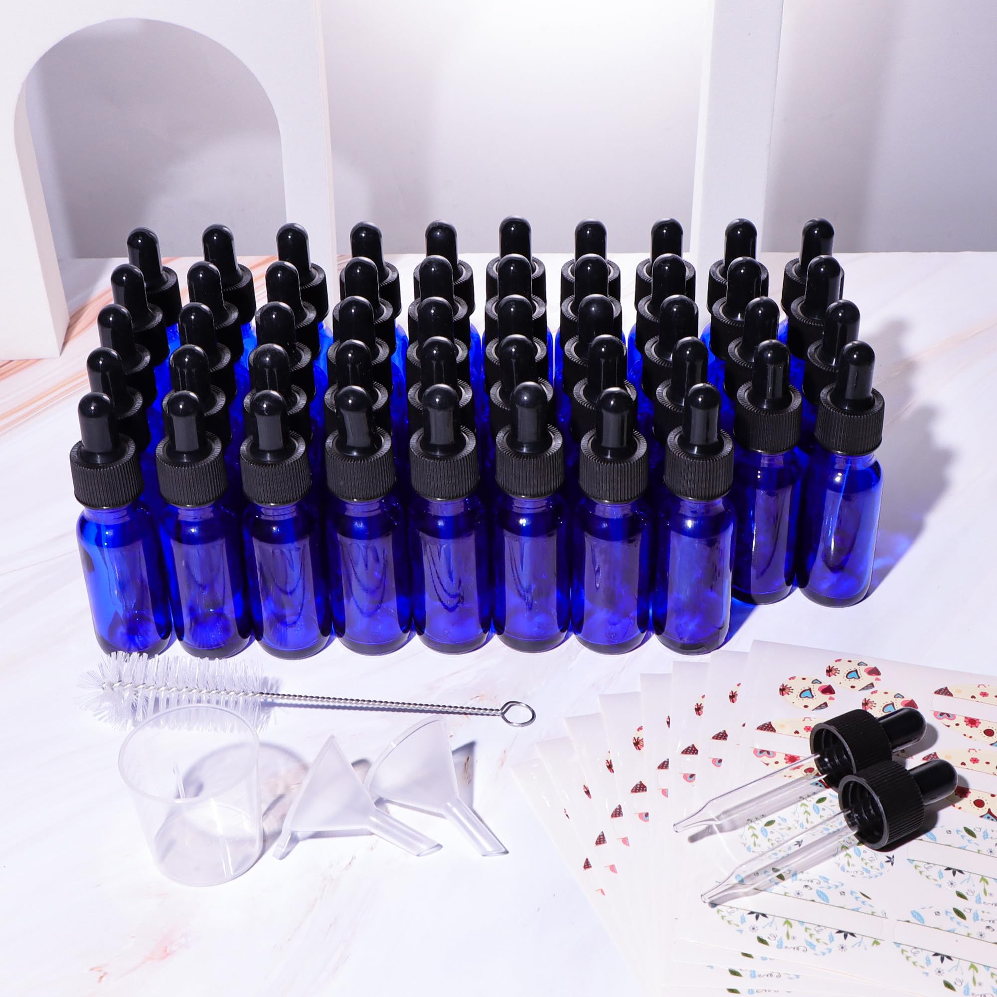 HWASHIN 48 Pack 1/2 oz (15ml) Cobalt Blue Glass Bottles with Glass Eye Droppers for Essential Oils, Perfumes & Lab Chemicals (Brush, Funnels, 2 Extra Droppers, Labels & Measuring Cup Included)