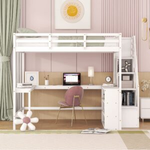 harper & bright designs full loft bed with desk and storage shelves, wood full size loft bed with storage staircase, high loft bed full with slat support for kids, boys,girls,teens, adults, white