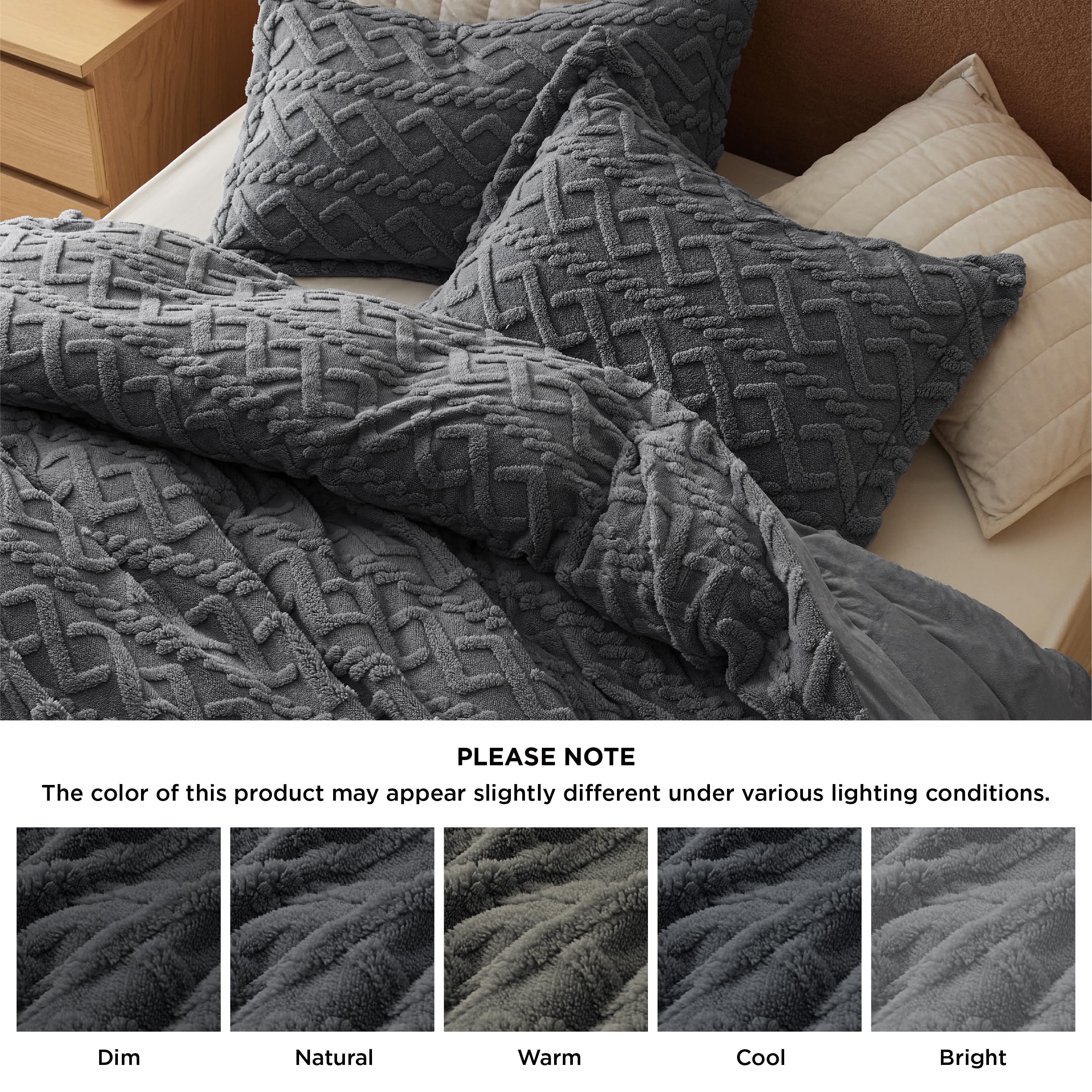 Bedsure Fluffy Comforter Cover Set - Faux Fur Duvet Cover King Size, Dark Grey Plush Quilt Cover, 3 Pieces,1 Duvet Cover (104"x90") with Zipper Closure and 2 Pillow Shams, Comforter Not Included