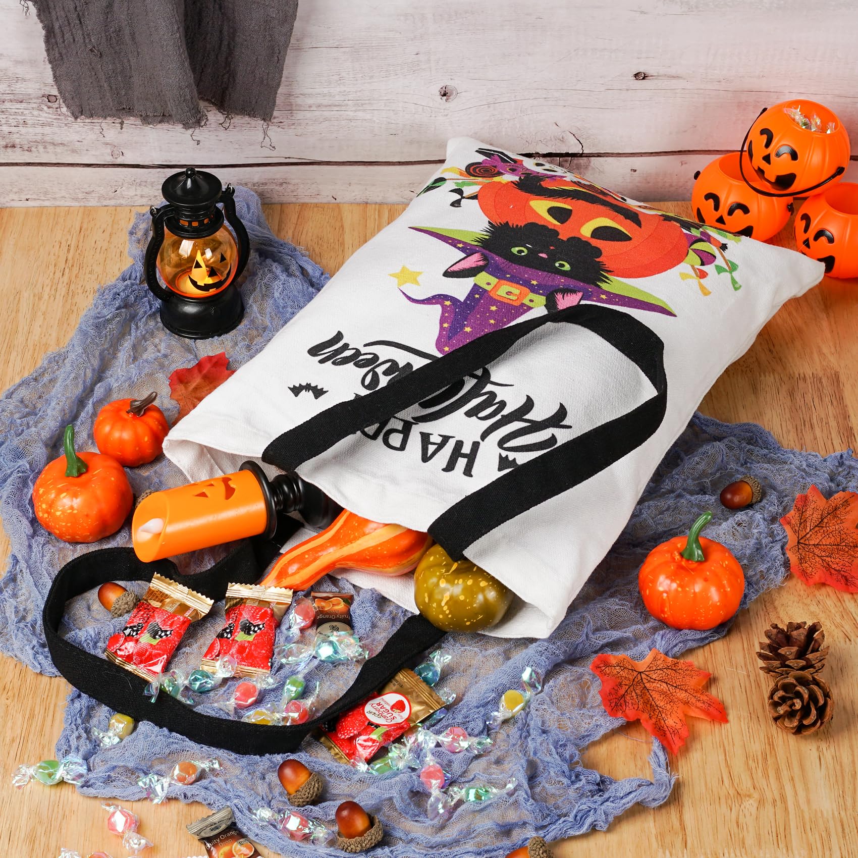 ATFUNSHOP Halloween Tote Bag 15.7'' Trick or Treat Bag Halloween Canvas Bags Reusable Large Halloween Grocery Bag for Kids Cat