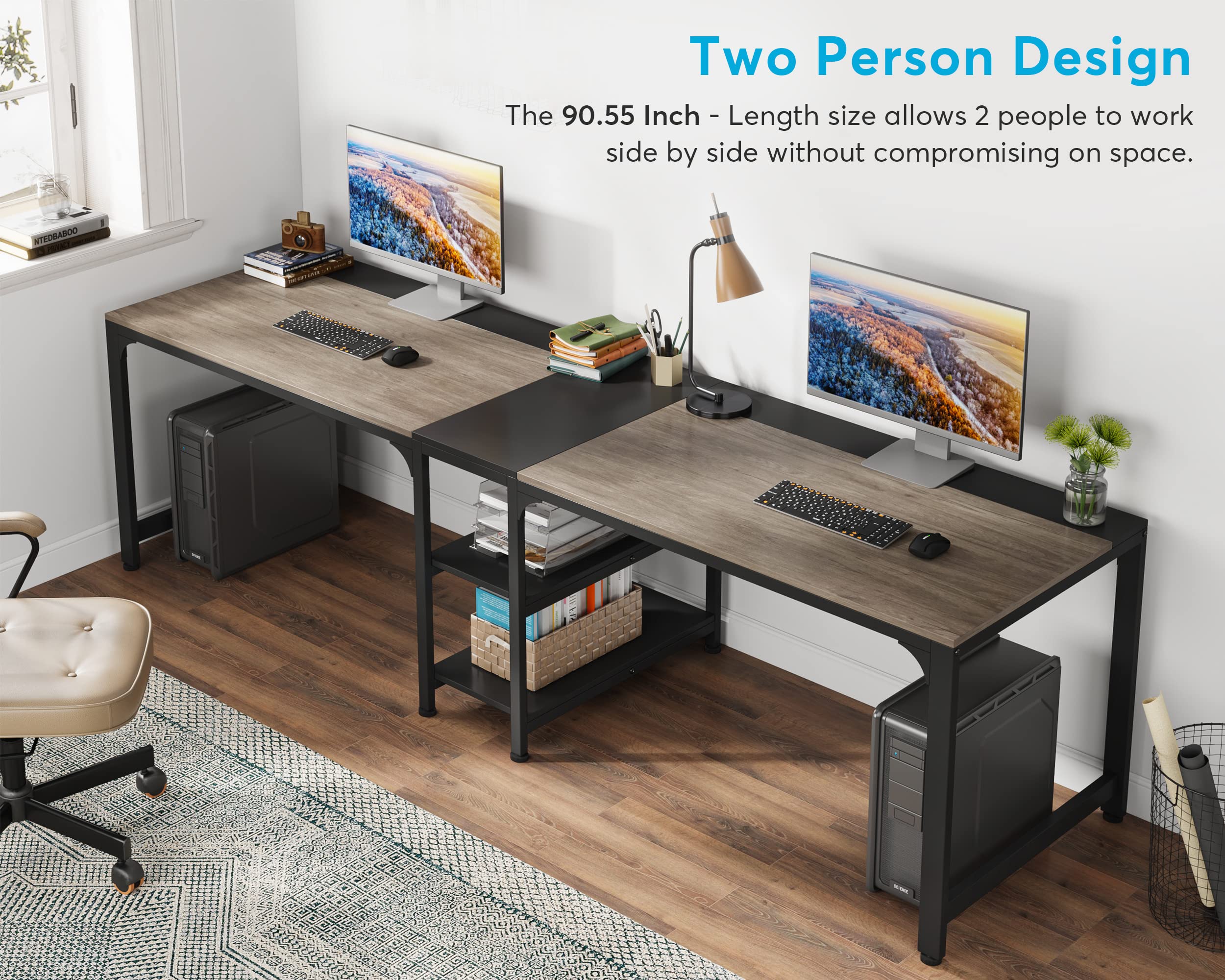 Tribesigns 90.55'' 2 Person Desk with Storage Shelves, Double Computer Desk with Spacious Desktop, Extra Long Study Writing Table Workstation for Home Office (Black & Gray)