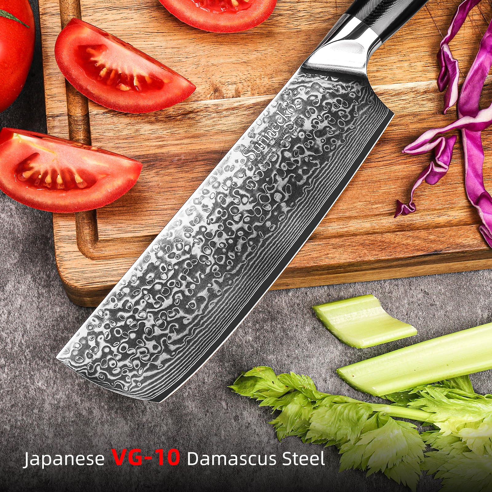 Sunnecko Damascus Kitchen Knife Japanese Nakiri Knife 7 Inch Cooking Knife Vg-10 High Carbon Stainless Steel with G10 Handle