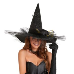 toiyason halloween women's vintage witch hat with led lights, costume sharp pointed with gauze spiders decoration for carnival party festival events gifts black