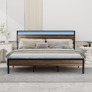 Tuconia King Bed Frame with LED Lights Metal Platform Bed Frame with Storage Headboard Built in Charging Station & USB Ports Noise-Free No Box Spring Needed Grey