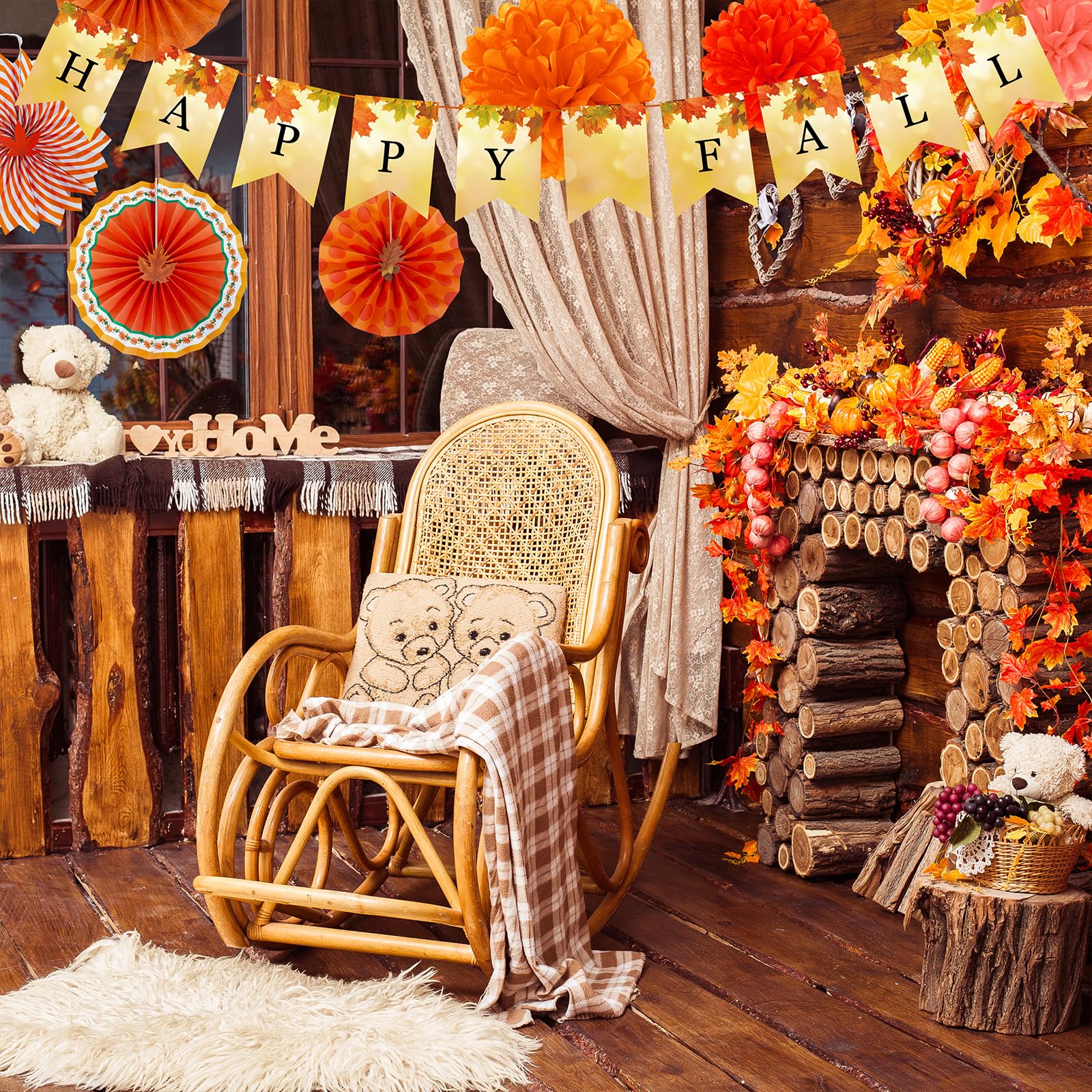 Winlyn 21 Pack Bulk Fall Party Decorations Set Auntumn Orange Hanging Paper Fans Happy Fall Banner Pom Poms Fall Maple Leaves Garlands for Thanksgiving Wedding Birthday Festival Party Backdrop Décor