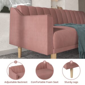 Lonkwa Velvet Futon Sofa Bed Couch, Convertible Sleeper Sofa, 74" Loveseat Futon Couch with Adjustable Backrests, Pink Couches for Living Room Bedroom Apartment