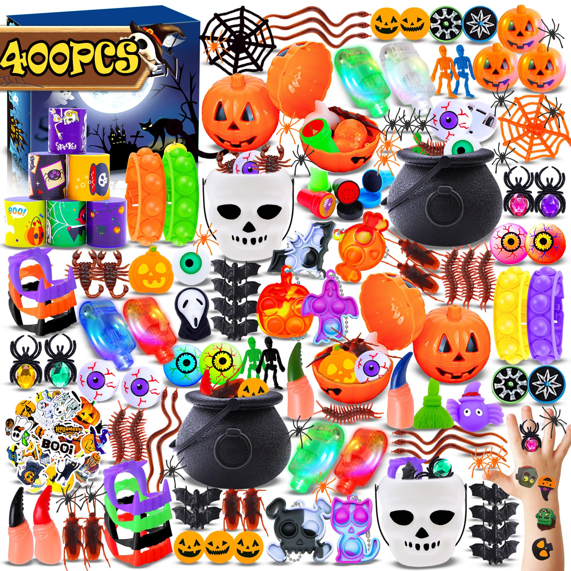 400pcs Halloween Party Favors for Kids, Halloween Toys Bulk, Classroom Prizes, Goodie Bag Stuffers,Halloween Stuffers,Treasure Box Toys,Carnival Prizes, Halloween Treats,School Classroom Reward